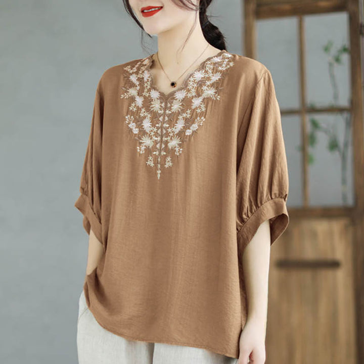 Buddha Stones小花刺繍 Vネック 半袖 コットンリネン Tシャツ - ナバホホワイト - F( US4-8/10、 UK/AU8-12/14、EU36-40/42に適合) - image 11