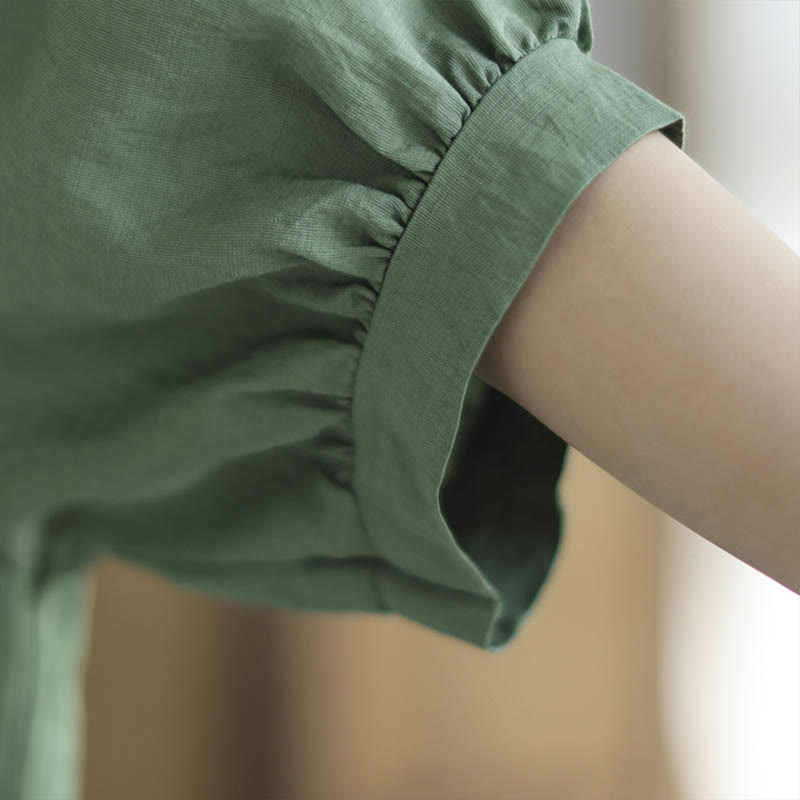 Buddha Stones小花刺繍 Vネック 半袖 コットンリネン Tシャツ - image 9