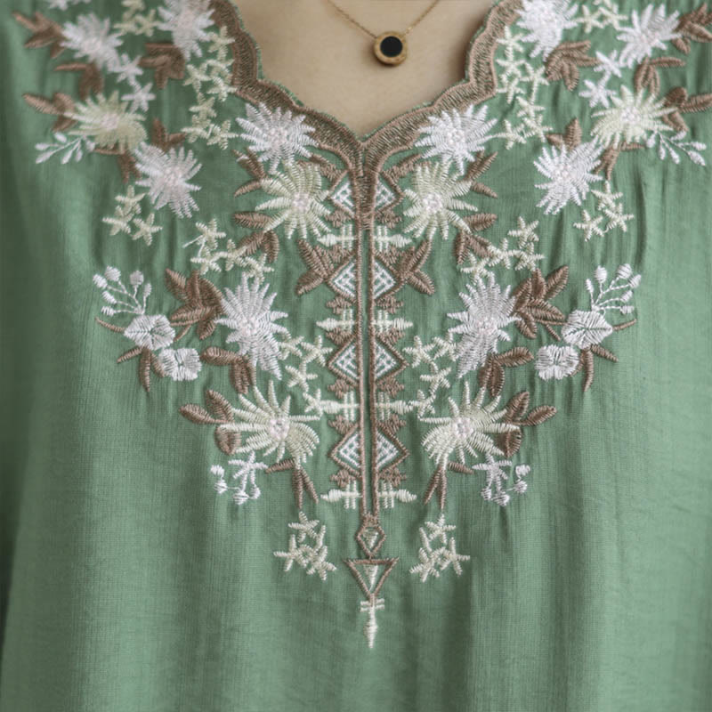 Buddha Stones小花刺繍 Vネック 半袖 コットンリネン Tシャツ - image 8