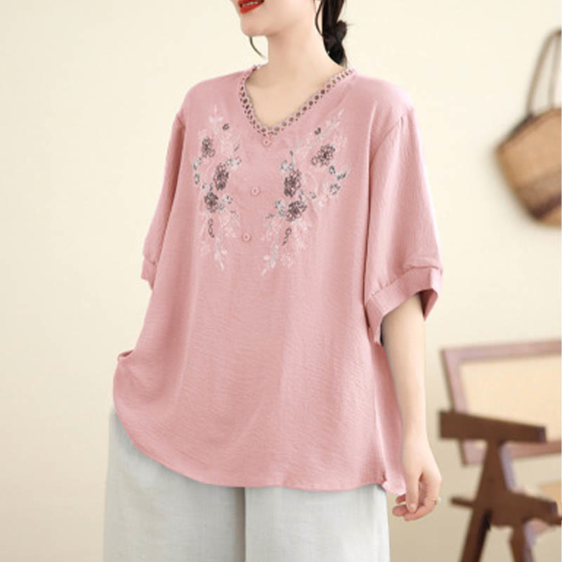 Buddha Stonesフローラル刺繍 Vネック ハーフスリーブ Tシャツ - image 1