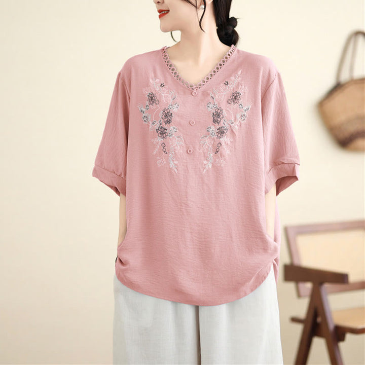 Buddha Stonesフローラル刺繍 Vネック ハーフスリーブ Tシャツ - image 2