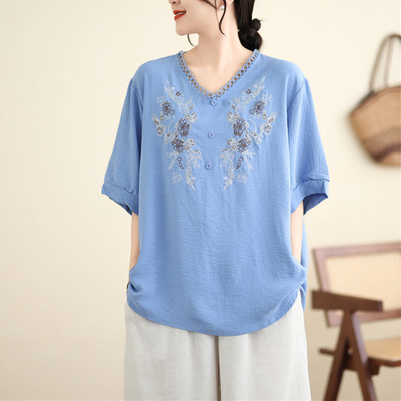 Buddha Stonesフローラル刺繍 Vネック ハーフスリーブ Tシャツ - ライトスチールブルー - F( US4-8/10、 UK/AU8-12/14、EU36-40/42に適合) - image 4