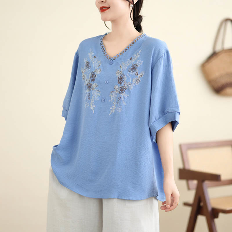 Buddha Stonesフローラル刺繍 Vネック ハーフスリーブ Tシャツ - image 6
