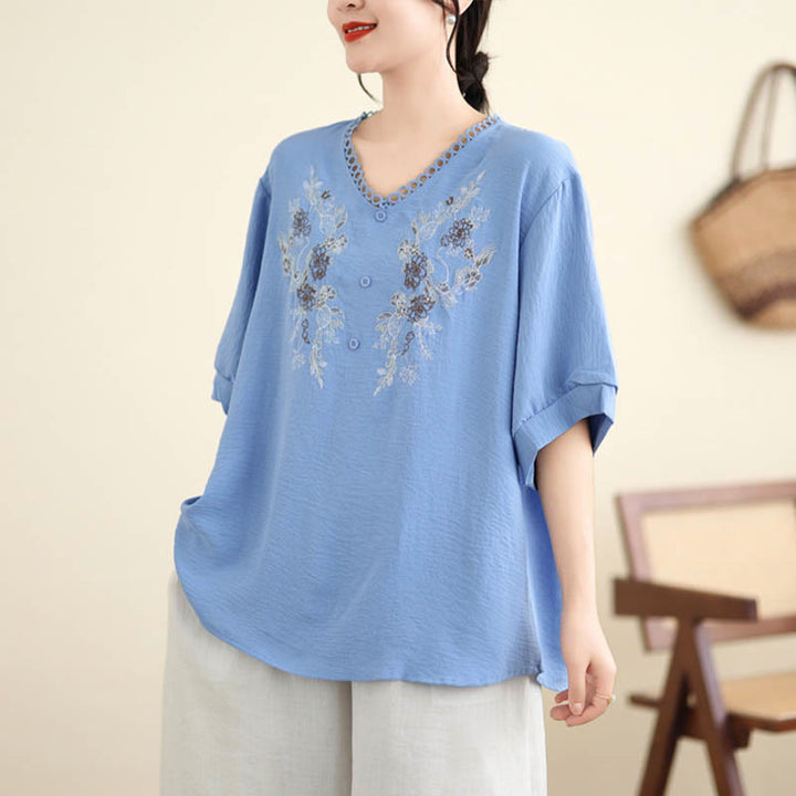 Buddha Stonesフローラル刺繍 Vネック ハーフスリーブ Tシャツ - image 6