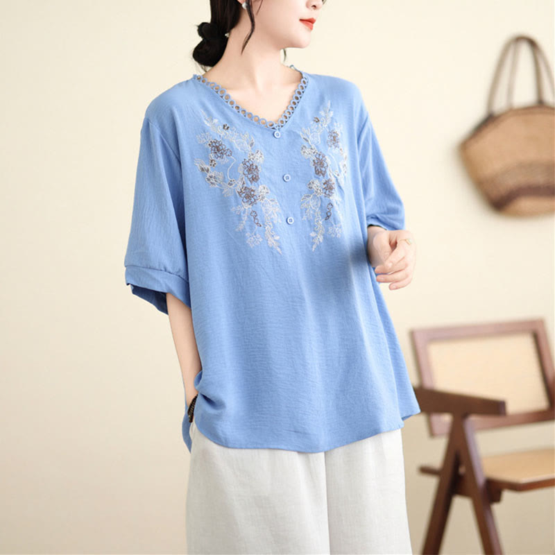 Buddha Stonesフローラル刺繍 Vネック ハーフスリーブ Tシャツ - image 7