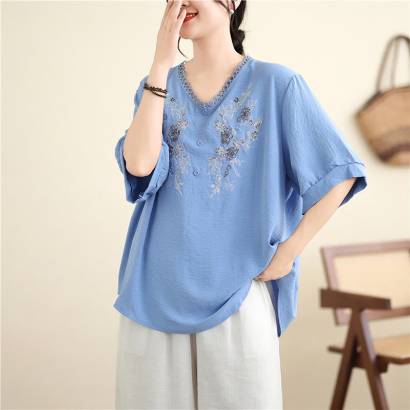Buddha Stonesフローラル刺繍 Vネック ハーフスリーブ Tシャツ - image 8