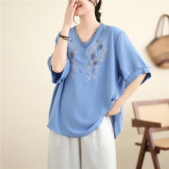 Buddha Stonesフローラル刺繍 Vネック ハーフスリーブ Tシャツ - image 8