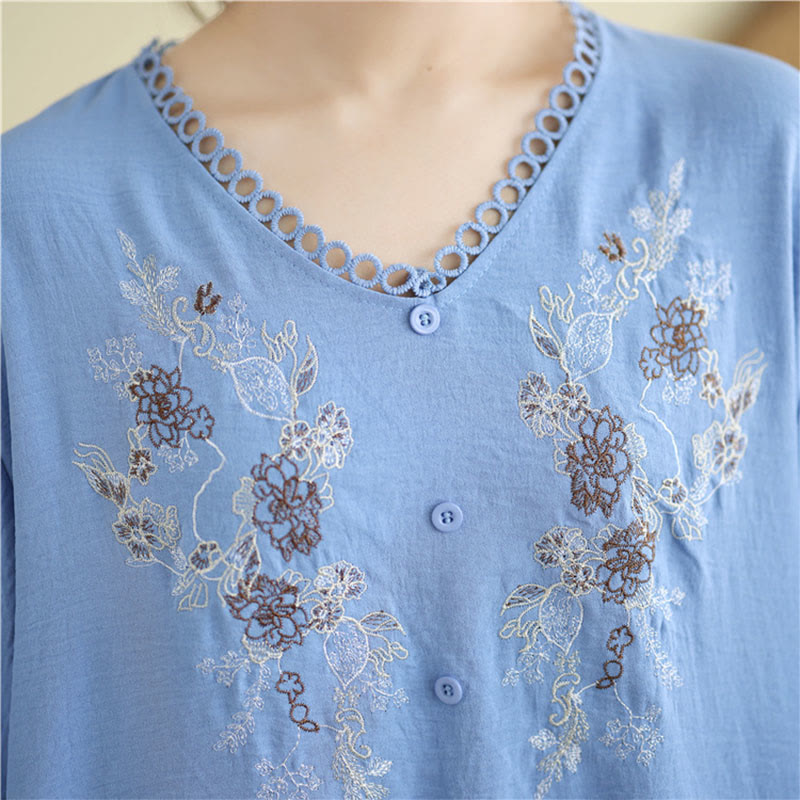 Buddha Stonesフローラル刺繍 Vネック ハーフスリーブ Tシャツ - image 10