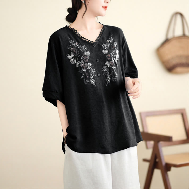 Buddha Stonesフローラル刺繍 Vネック ハーフスリーブ Tシャツ - 黒 - F( US4-8/10、 UK/AU8-12/14、EU36-40/42に適合) - image 13