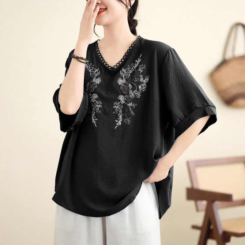 Buddha Stonesフローラル刺繍 Vネック ハーフスリーブ Tシャツ - image 15