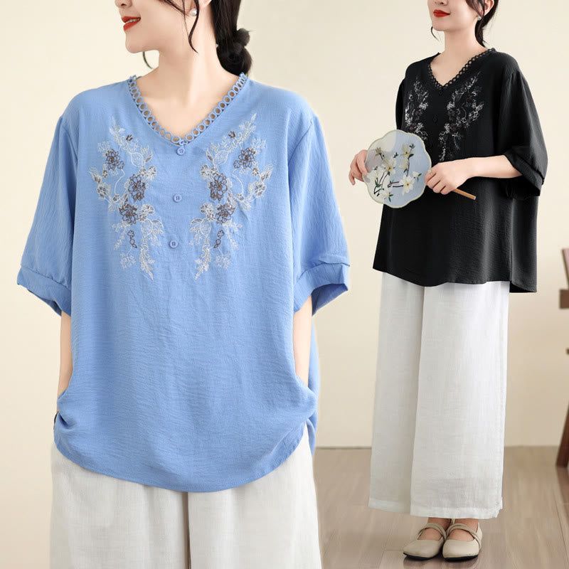 Buddha Stonesフローラル刺繍 Vネック ハーフスリーブ Tシャツ - image 17