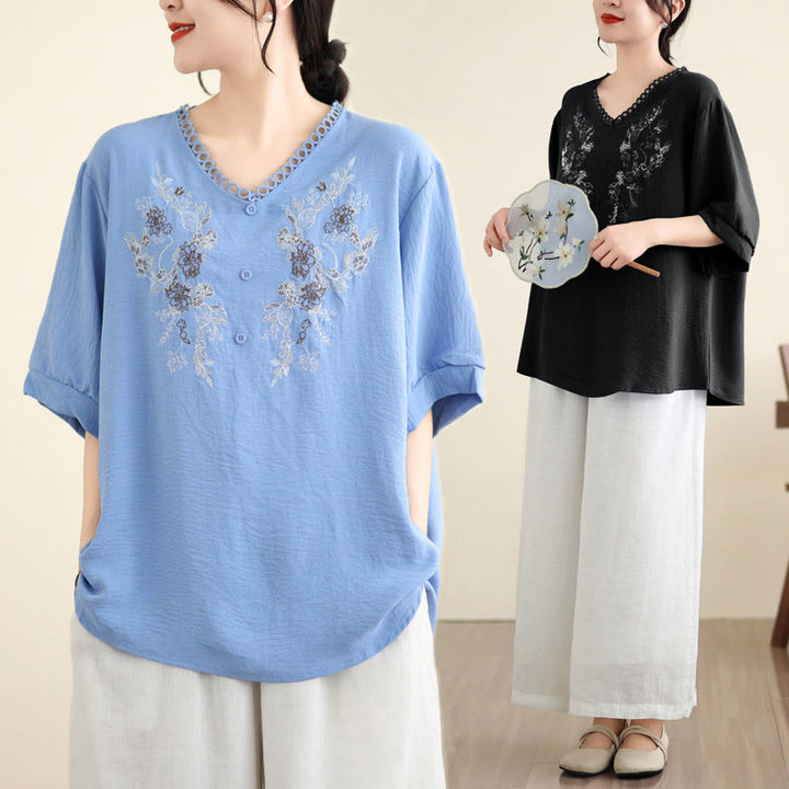 Buddha Stonesフローラル刺繍 Vネック ハーフスリーブ Tシャツ - image 17