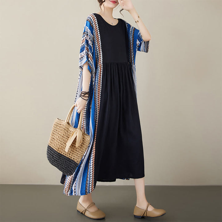 Buddha Stonesブラック ブルー ストライプ 半袖 ミディドレス ポケット付き - F( US4-14、 UK/AU8-18、EU36-46に適合) - image 0