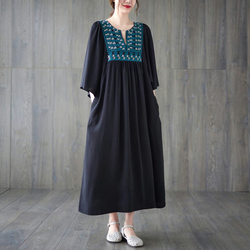 Buddha Stones刺繍入りノッチラッフルヘムミディドレス（ポケット付き） - 黒 - F( US4-12、 UK/AU8-16、EU36-44に適合) - image 21