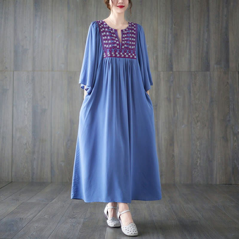 Buddha Stones刺繍入りノッチラッフルヘムミディドレス（ポケット付き） - ライトスカイブルー - F( US4-12、 UK/AU8-16、EU36-44に適合) - image 14