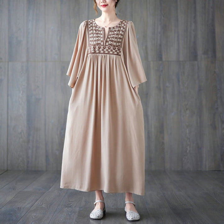 Buddha Stones刺繍入りノッチラッフルヘムミディドレス（ポケット付き） - 小麦 - F( US4-12、 UK/AU8-16、EU36-44に適合) - image 28