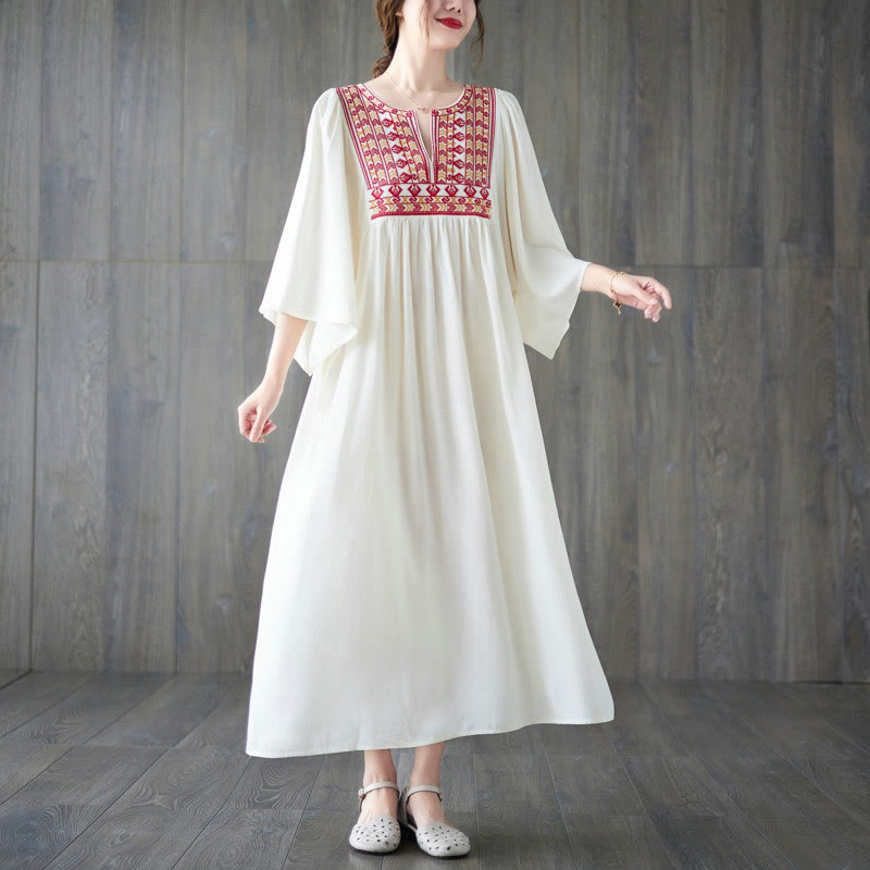 Buddha Stones刺繍入りノッチラッフルヘムミディドレス（ポケット付き） - 白 - F( US4-12、 UK/AU8-16、EU36-44に適合) - image 1