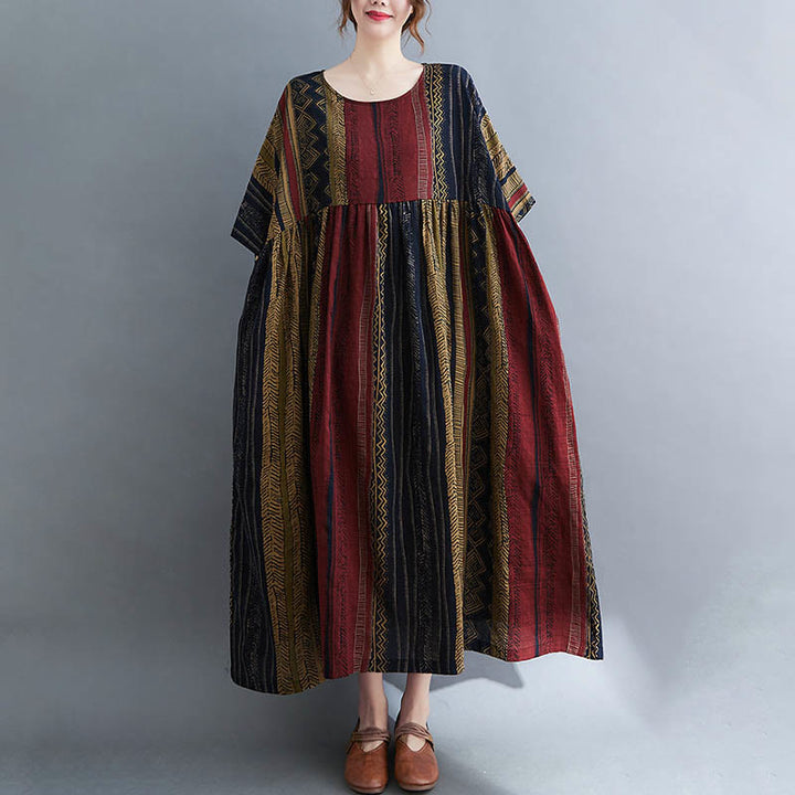 Buddha Stonesボヘミアン ジオメトリック 半袖 ミディドレス ポケット付き - ダークカーキ - F( US4-14、 UK/AU8-18、EU36-46に適合) - image 1