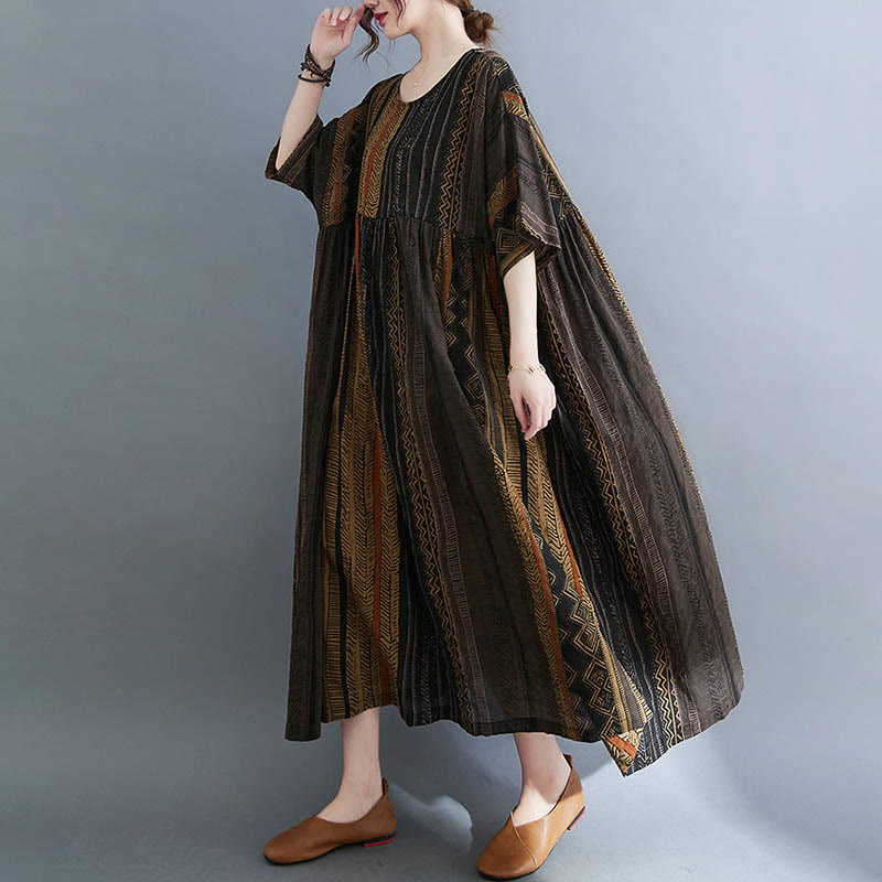 Buddha Stonesボヘミアン ジオメトリック 半袖 ミディドレス ポケット付き