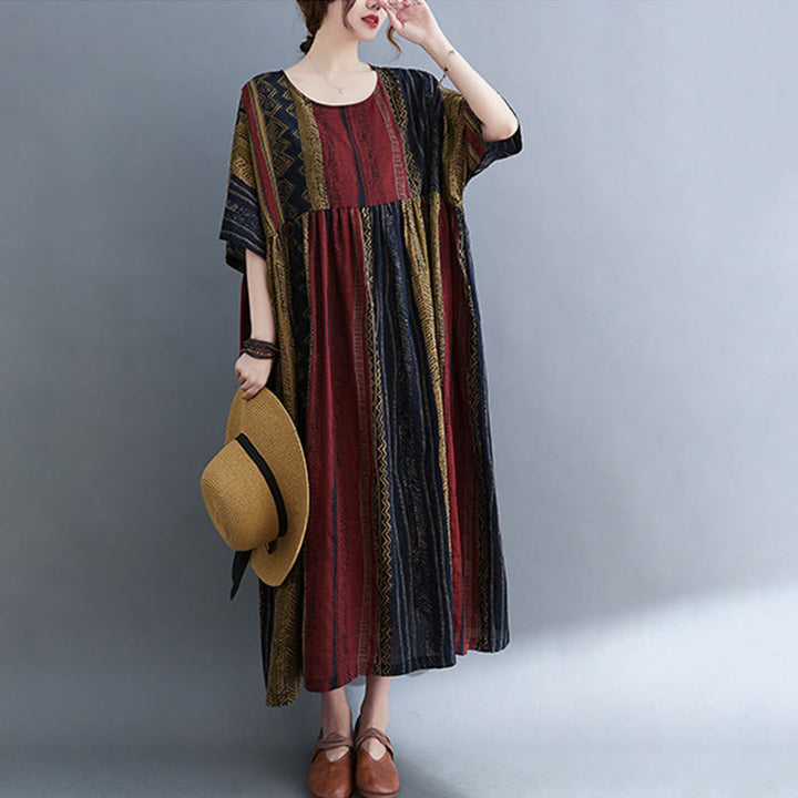 Buddha Stonesボヘミアン ジオメトリック 半袖 ミディドレス ポケット付き