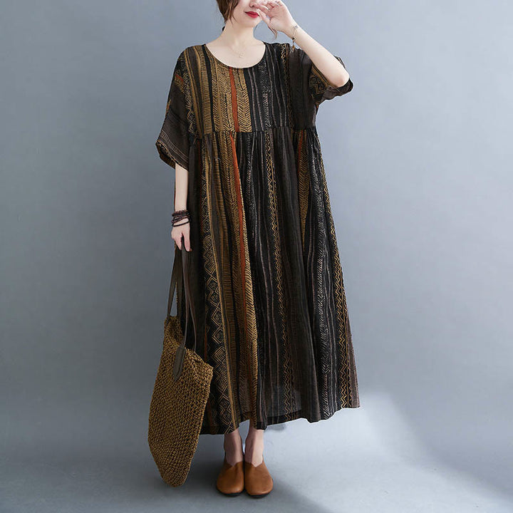 Buddha Stonesボヘミアン ジオメトリック 半袖 ミディドレス ポケット付き