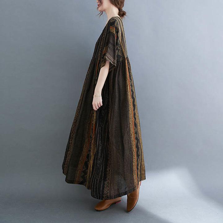 Buddha Stonesボヘミアン ジオメトリック 半袖 ミディドレス ポケット付き