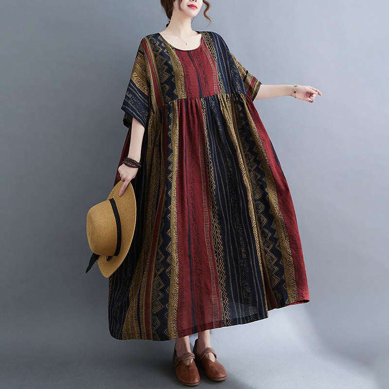 Buddha Stonesボヘミアン ジオメトリック 半袖 ミディドレス ポケット付き