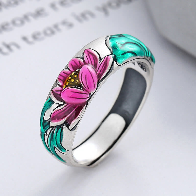 Buddha Stones925スターリングシルバー 蓮の花 般若心経 悟りのリング - 925スターリングシルバー（調節可能） - image 0