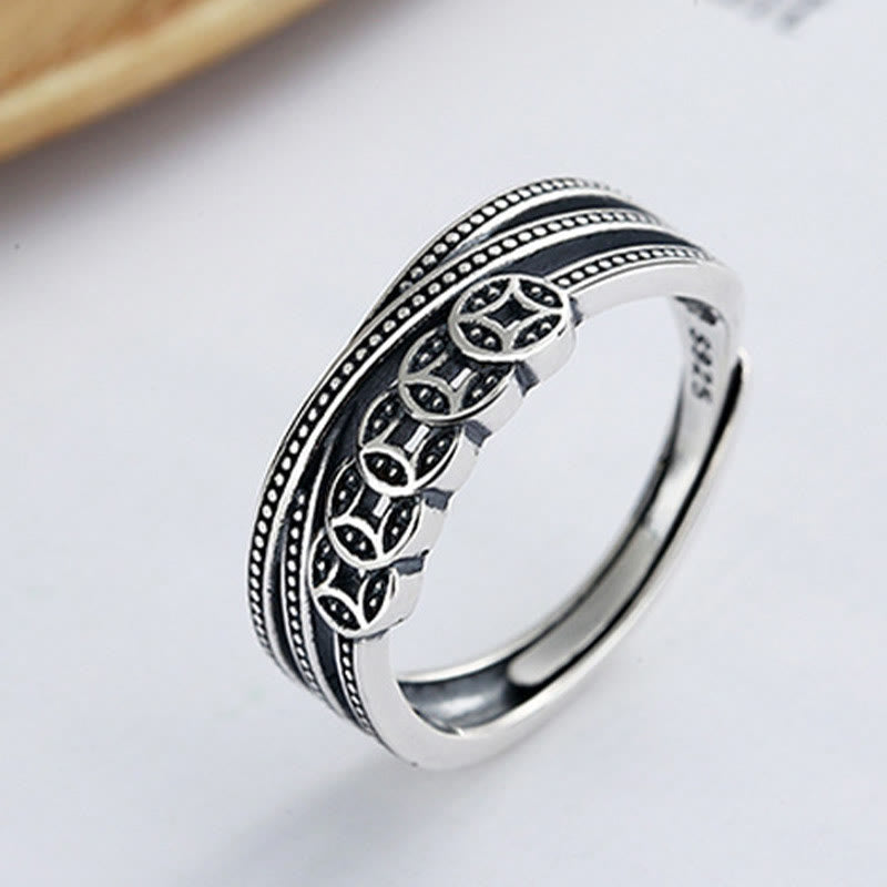 Buddha Stones925スターリングシルバー 銅貨 富の祝福 調節可能なリング