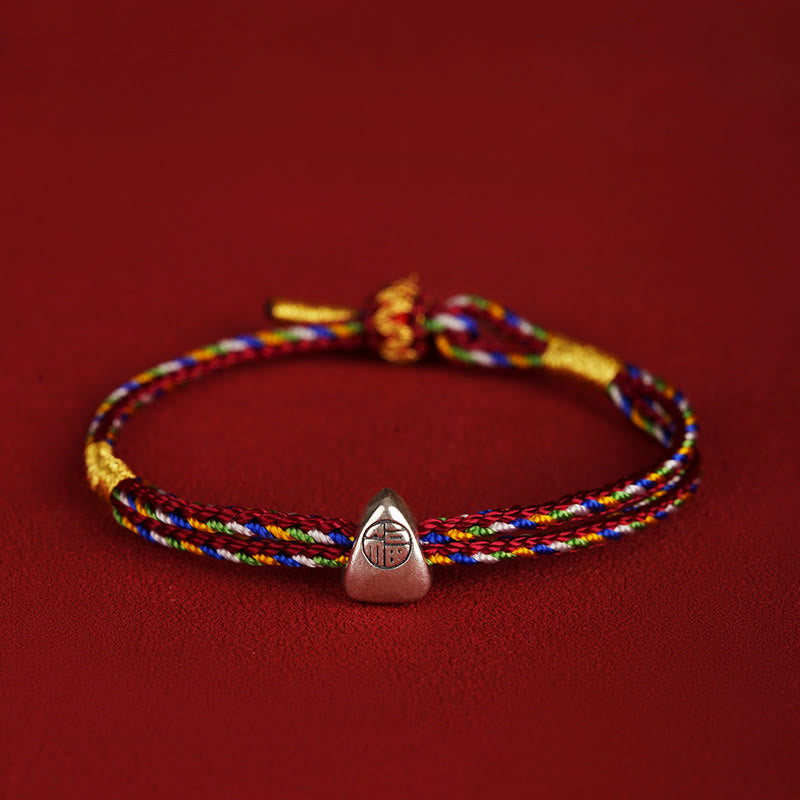 Buddha Stones925 スターリングシルバー 福の字 幸運 多色ロープ 子供 大人用ブレスレット