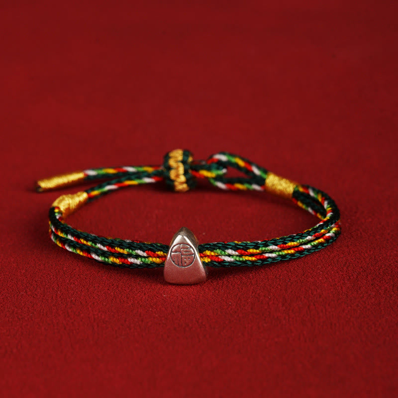 Buddha Stones925 スターリングシルバー 福の字 幸運 多色ロープ 子供 大人用ブレスレット