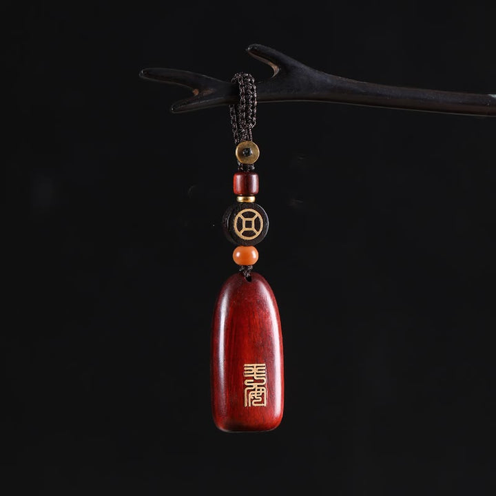 Buddha Stones小葉 紫檀 黒檀 平和 縁起の良い銅貨 守護キーホルダー