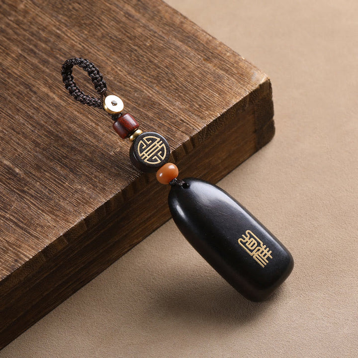 Buddha Stones小葉 紫檀 黒檀 平和 縁起の良い銅貨 守護キーホルダー