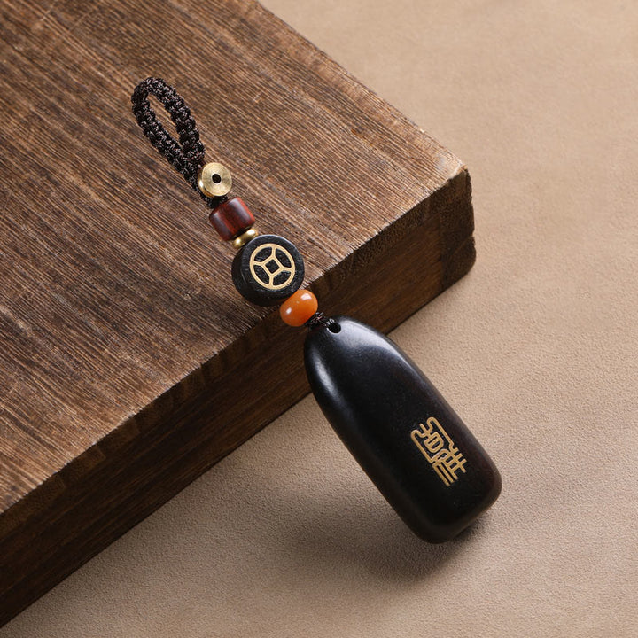 Buddha Stones小葉 紫檀 黒檀 平和 縁起の良い銅貨 守護キーホルダー