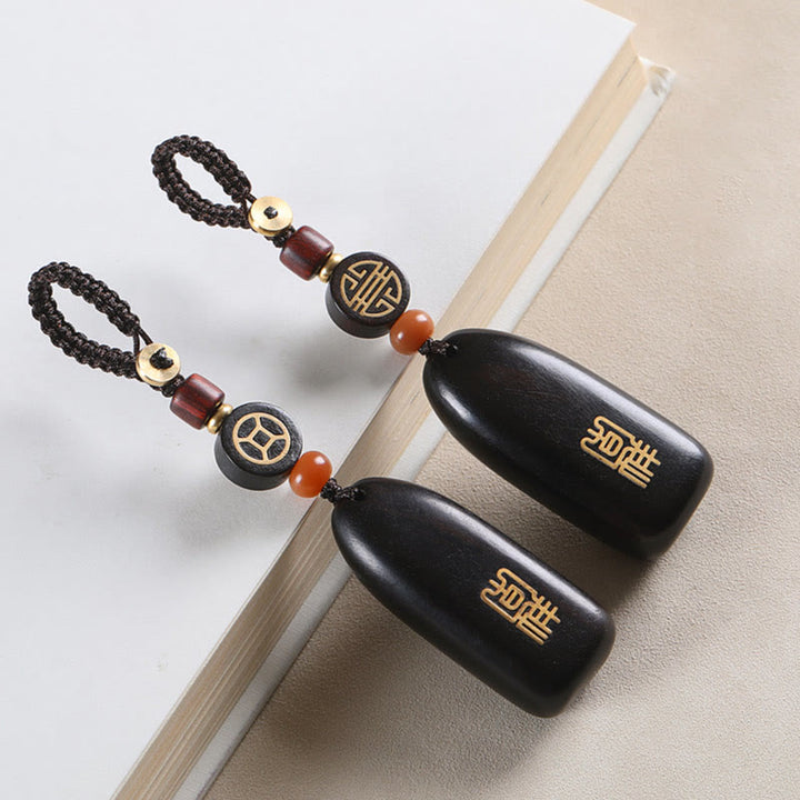 Buddha Stones小葉 紫檀 黒檀 平和 縁起の良い銅貨 守護キーホルダー