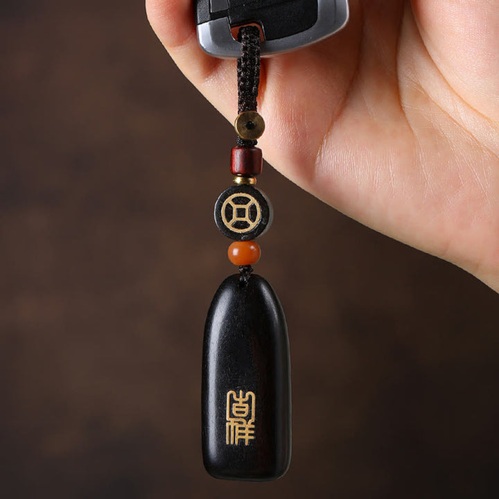 Buddha Stones小葉 紫檀 黒檀 平和 縁起の良い銅貨 守護キーホルダー
