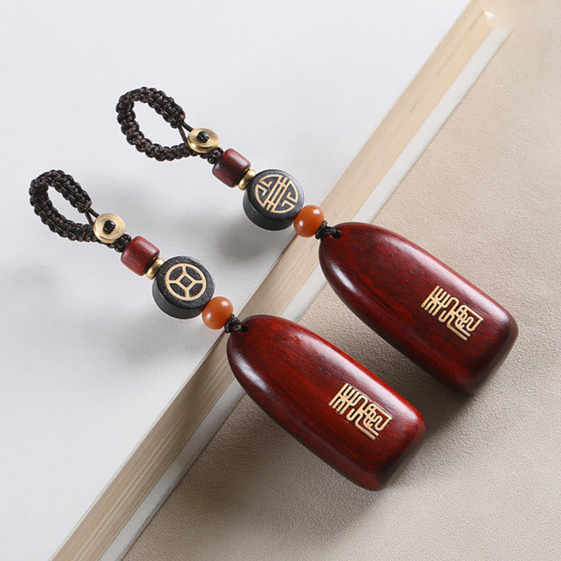 Buddha Stones小葉 紫檀 黒檀 平和 縁起の良い銅貨 守護キーホルダー
