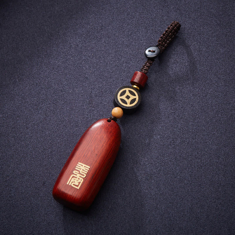 Buddha Stones小葉 紫檀 黒檀 平和 縁起の良い銅貨 守護キーホルダー