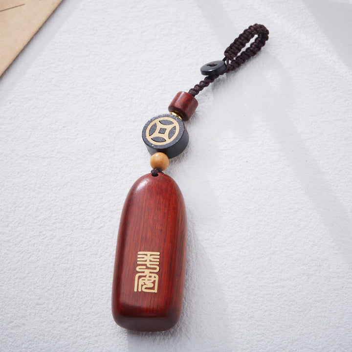 Buddha Stones小葉 紫檀 黒檀 平和 縁起の良い銅貨 守護キーホルダー