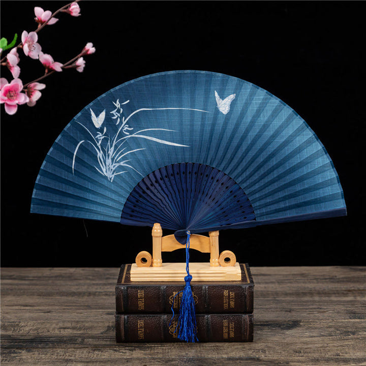 Buddha Stones蝶 蘭 猫 手持ち コットンリネン 竹 扇子 22cm