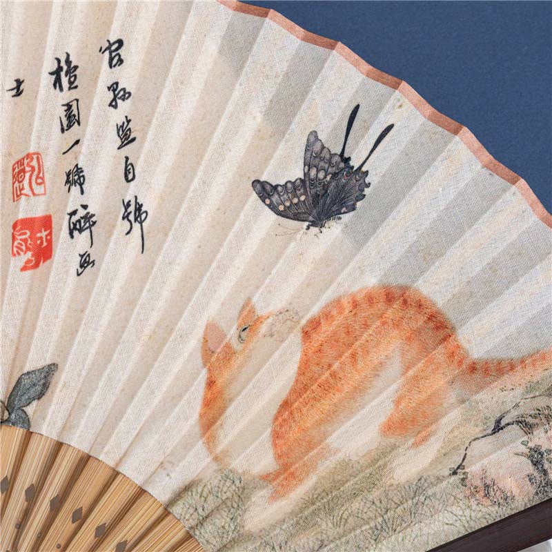 Buddha Stones蝶 蘭 猫 手持ち コットンリネン 竹 扇子 22cm