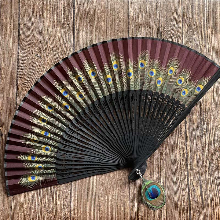 Buddha Stones孔雀の羽根 手持ち竹扇子 21.5cm
