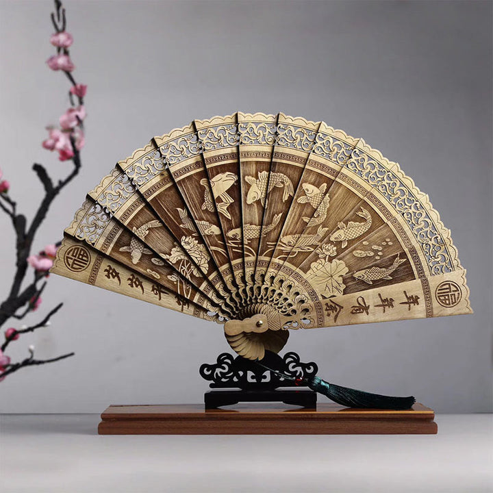 Buddha Stones鯉牡丹鳥花彫刻中空手持ちフィービージェンナン木製扇子22cm