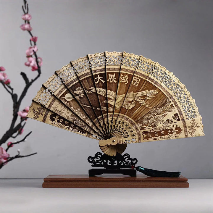 Buddha Stones鯉牡丹鳥花彫刻中空手持ちフィービージェンナン木製扇子22cm