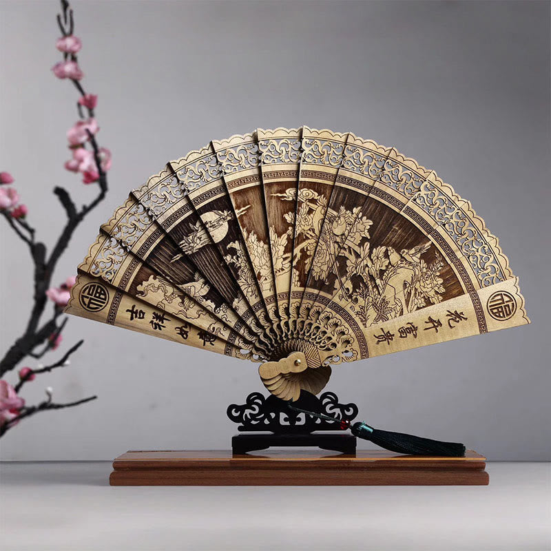 Buddha Stones鯉牡丹鳥花彫刻中空手持ちフィービージェンナン木製扇子22cm