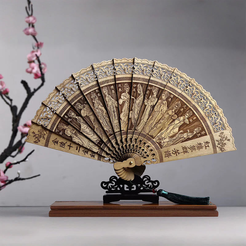 Buddha Stones鯉牡丹鳥花彫刻中空手持ちフィービージェンナン木製扇子22cm
