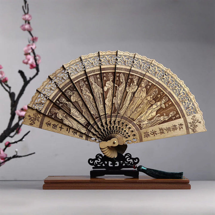 Buddha Stones鯉牡丹鳥花彫刻中空手持ちフィービージェンナン木製扇子22cm