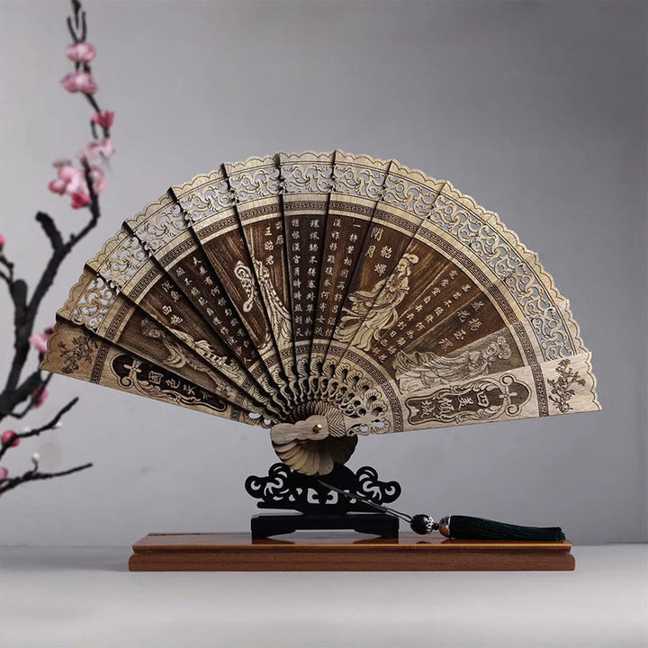 Buddha Stones鯉牡丹鳥花彫刻中空手持ちフィービージェンナン木製扇子22cm