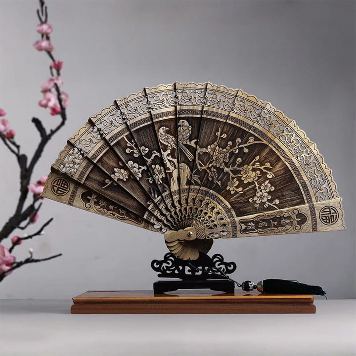 Buddha Stones鯉牡丹鳥花彫刻中空手持ちフィービージェンナン木製扇子22cm