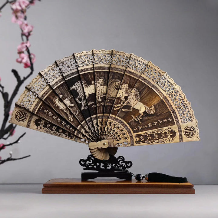 Buddha Stones鯉牡丹鳥花彫刻中空手持ちフィービージェンナン木製扇子22cm
